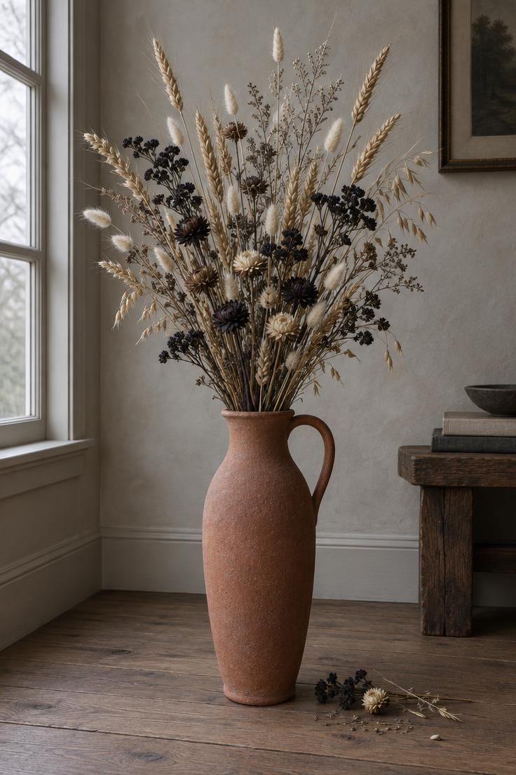 13 Warm Boho Halloween Decor Ideas for a Cozy Home 7 Tall terracotta stoneware pitcher of dried grasses and dark flowers on a wood floor against a neutral wall.