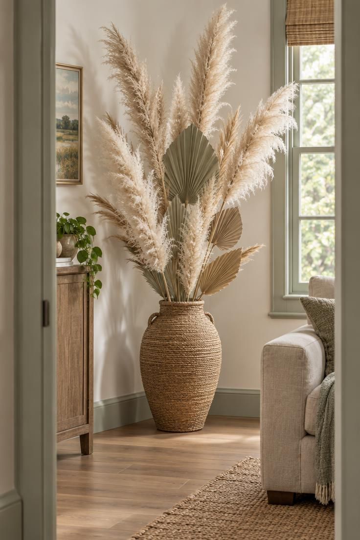 13 Warm Boho Halloween Decor Ideas for a Cozy Home 8 Woven urn in a living room corner holding tall pampas grass plumes and dried palm fans.