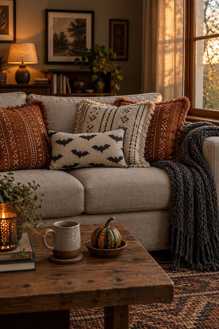13 Warm Boho Halloween Decor Ideas for a Cozy Home 9 Sofa with fringed rust and cream pillows, a charcoal knit throw, and a small bat-print lumbar cushion.
