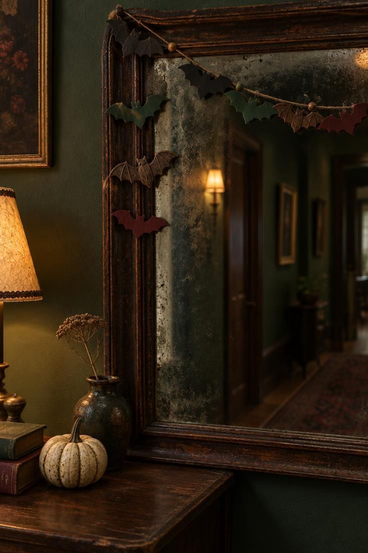 13 Warm Boho Halloween Decor Ideas for a Cozy Home 10 Vintage mirror with a folk-art bat garland in black, green, and oxblood above a small gourd and dried stem.