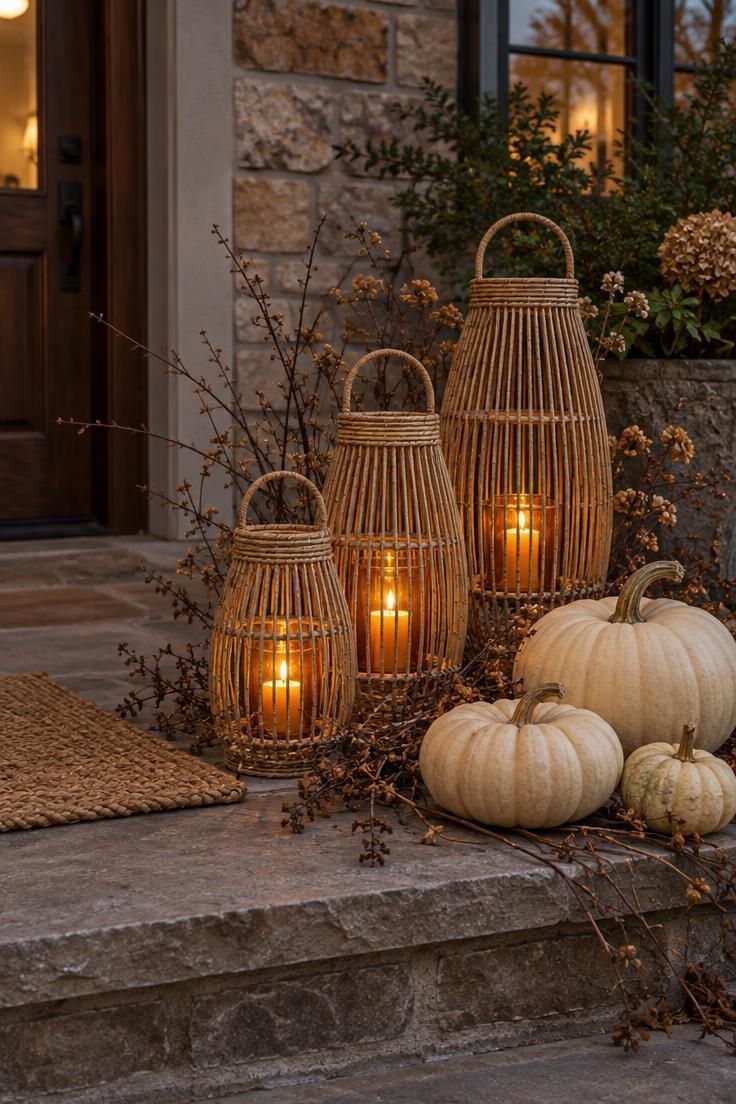 13 Warm Boho Halloween Decor Ideas for a Cozy Home 11 Three rattan lanterns of different heights on a porch step with amber glass inside and branches around the bases.