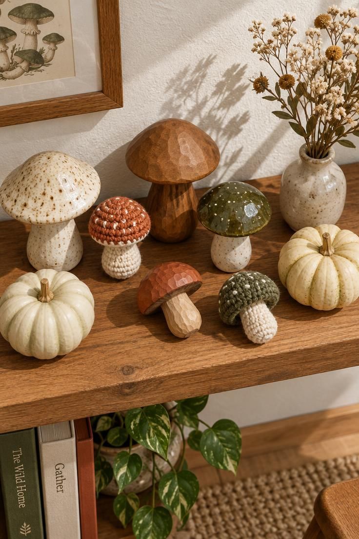 13 Warm Boho Halloween Decor Ideas for a Cozy Home 12 Shelf arranged with ceramic and crocheted mushrooms, small pale pumpkins, and a sprig of dried flowers.