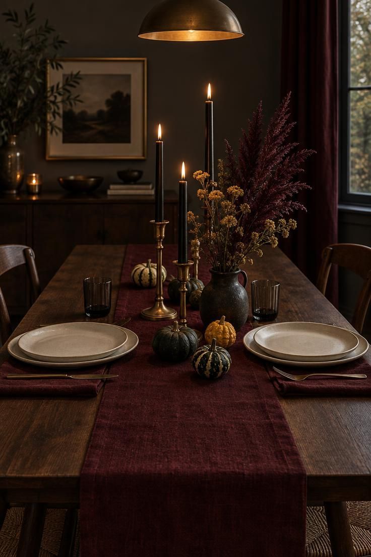 13 Warm Boho Halloween Decor Ideas for a Cozy Home 13 Dining table with an oxblood runner, black taper candles in brass holders, cream plates, and small gourds.