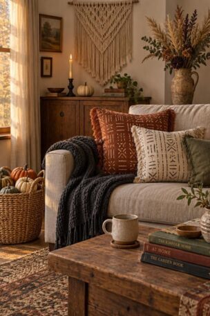 Cozy living room with a macrame hanging, fringed rust pillows, a basket of heirloom pumpkins, and dried grasses in a stoneware pitcher.