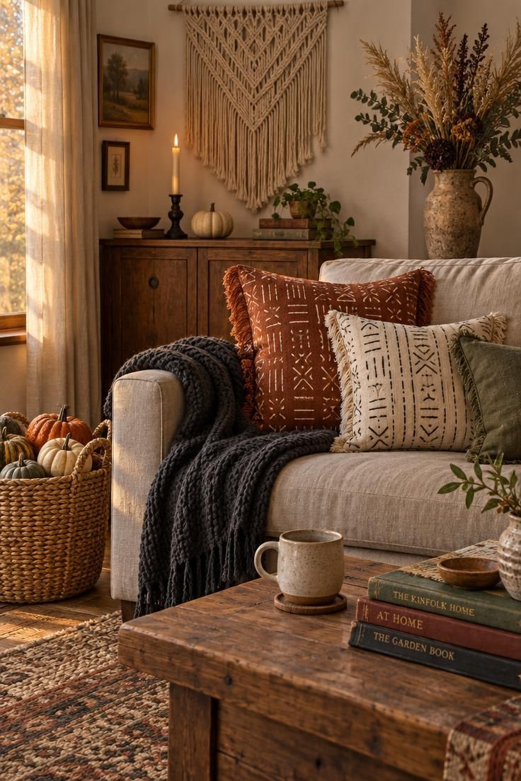 Simple Spaces 22 Cozy living room with a macrame hanging, fringed rust pillows, a basket of heirloom pumpkins, and dried grasses in a stoneware pitcher.