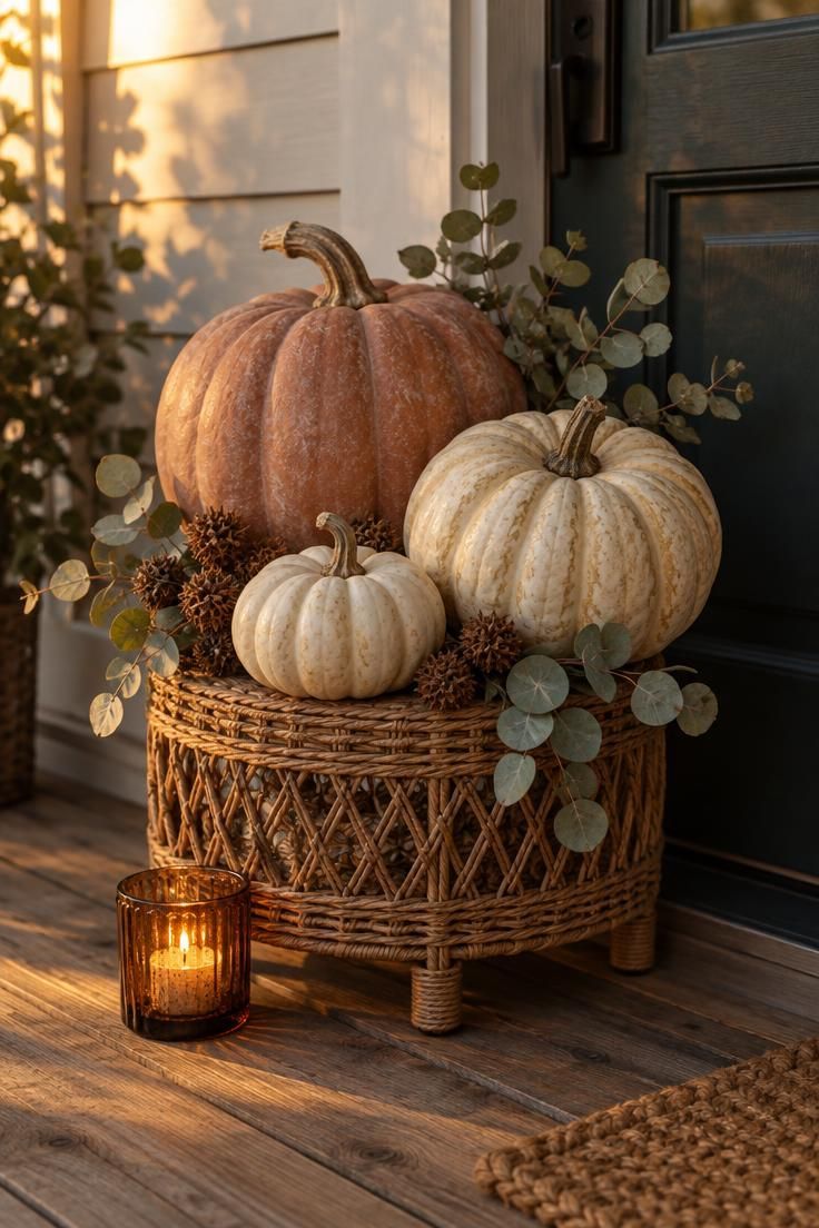 10 Warm Boho Halloween Porch Ideas to Charm Your Guests 1 A close-up of terracotta and cream pumpkins stacked on a woven stool with dried eucalyptus and an amber votive at a front door.