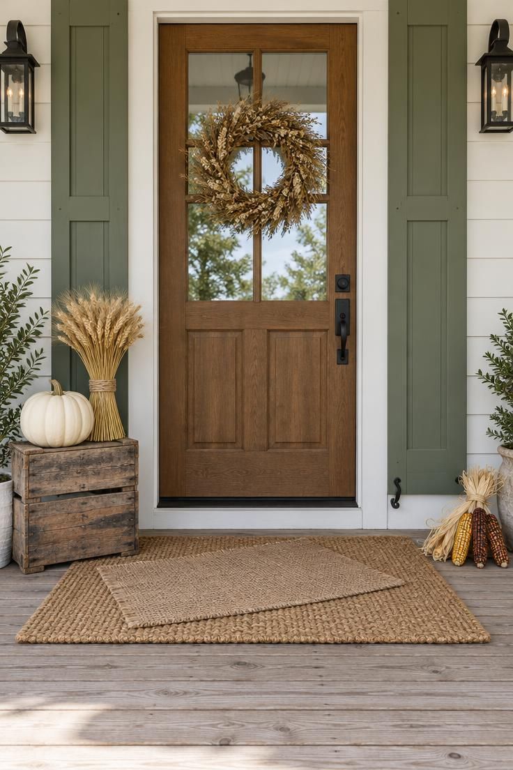 10 Warm Boho Halloween Porch Ideas to Charm Your Guests 2 A layered burlap and jute doormat with a reclaimed wood crate holding a cream pumpkin and dried wheat at a farmhouse entry.