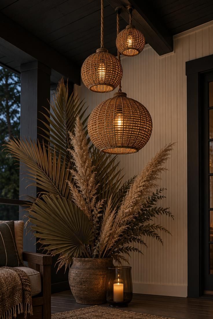 10 Warm Boho Halloween Porch Ideas to Charm Your Guests 3 Hanging rattan lanterns at staggered heights above dried palms and a glowing smoked-glass hurricane on a porch floor.