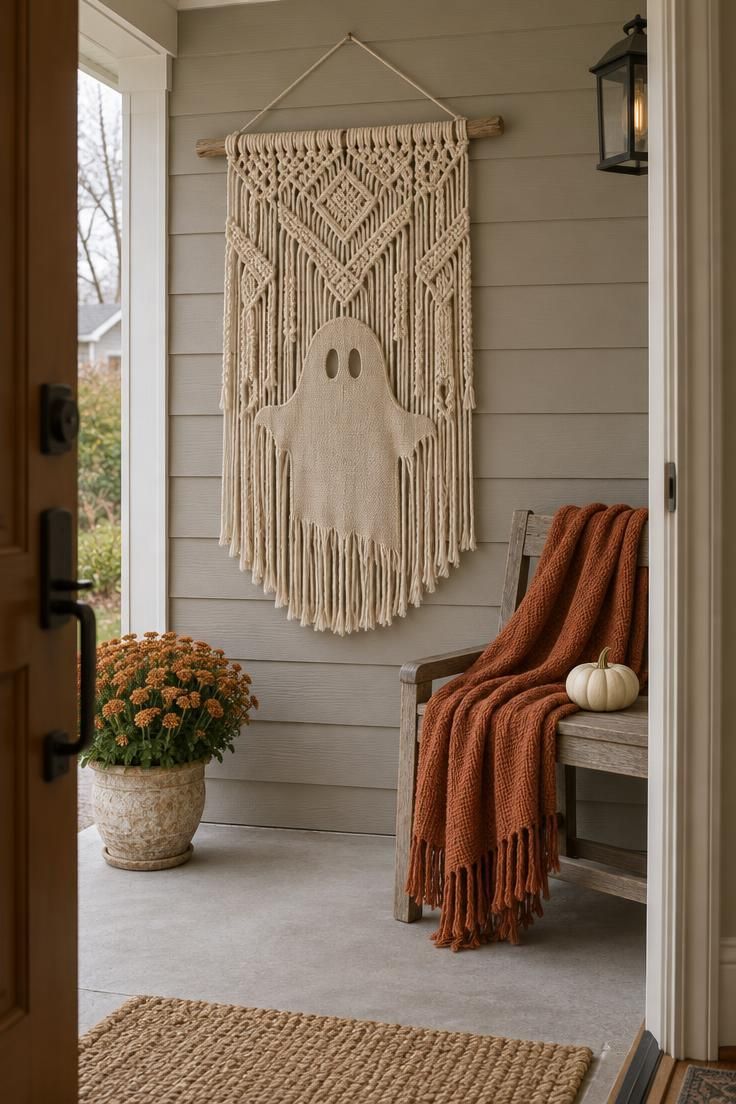 10 Warm Boho Halloween Porch Ideas to Charm Your Guests 4 A macramé wall hanging with a burlap ghost silhouette above a bench draped in a rust fringed throw and a white pumpkin.