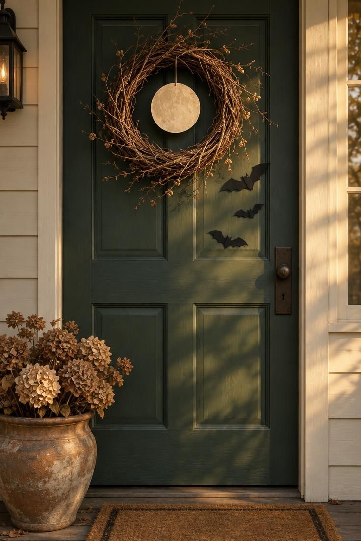 10 Warm Boho Halloween Porch Ideas to Charm Your Guests 5 A dried branch wreath on a green door with a paper moon inside and black bat cutouts beside a pot of dried hydrangea.