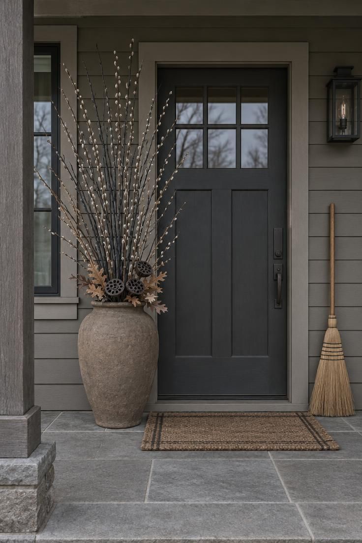 10 Warm Boho Halloween Porch Ideas to Charm Your Guests 6 A clay urn with painted charcoal and sand willow branches and dried lotus pods beside a raffia broom on a porch.