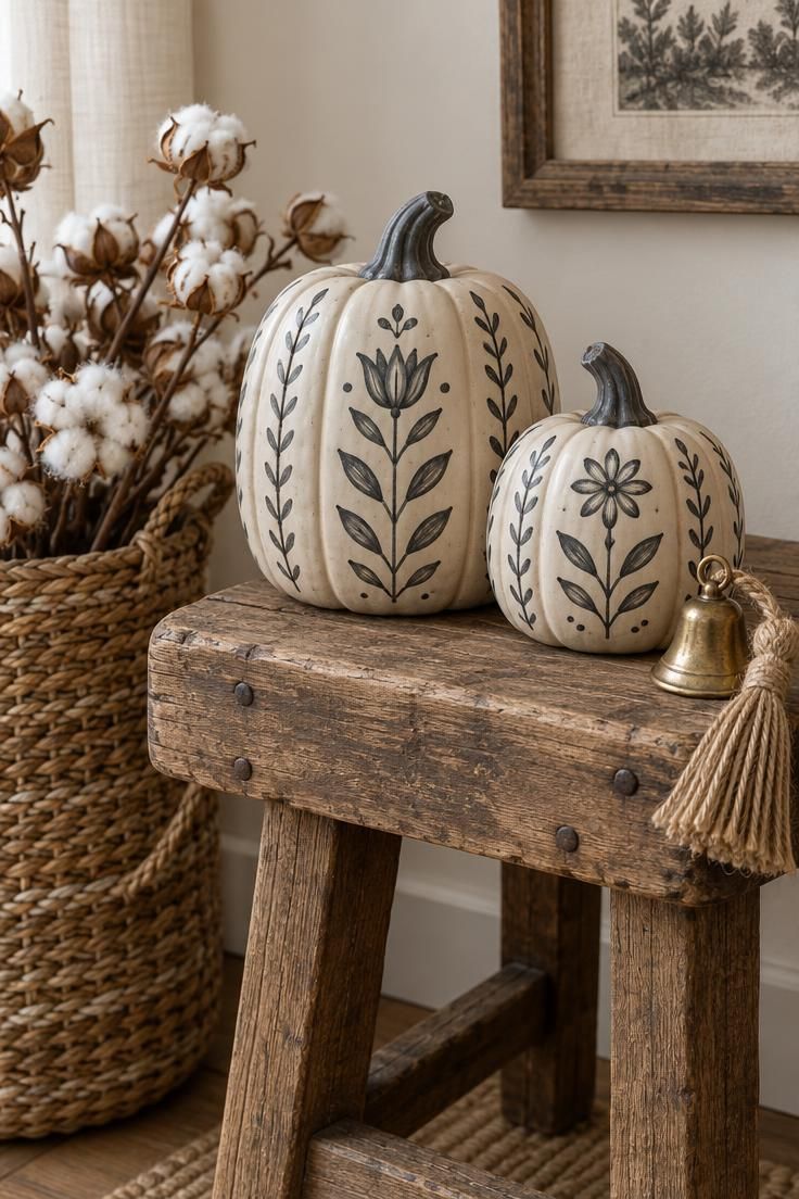 10 Warm Boho Halloween Porch Ideas to Charm Your Guests 7 Two cream folk-art ceramic pumpkins with charcoal details on a rustic wood stool beside dried cotton stems.