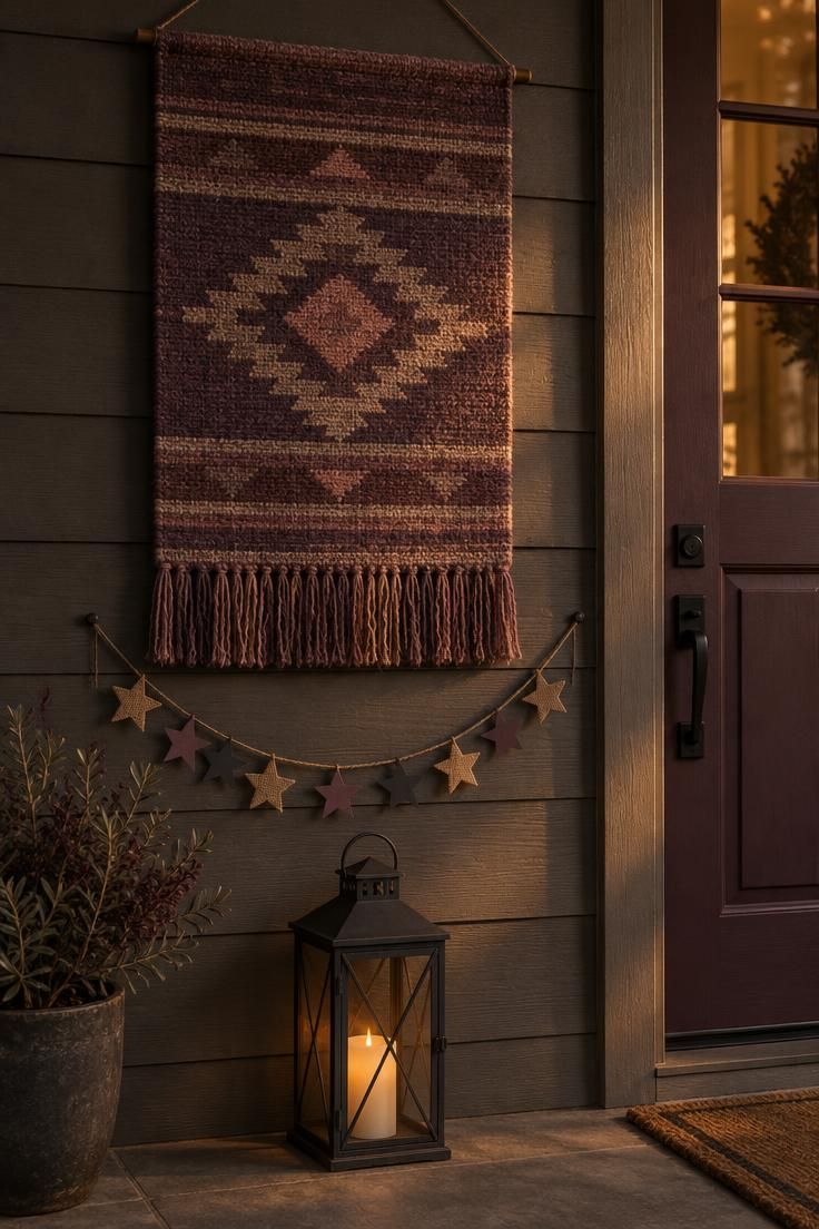 10 Warm Boho Halloween Porch Ideas to Charm Your Guests 8 A plum and clay woven wall hanging with a burlap star garland draped below and a charcoal lantern on the floor.
