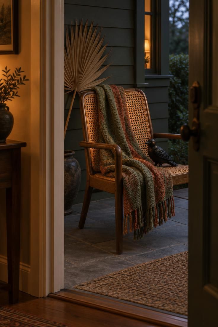 10 Warm Boho Halloween Porch Ideas to Charm Your Guests 9 A cane-back chair with a sage and rust woven throw and a black ceramic crow, a dried palm leaf behind it.