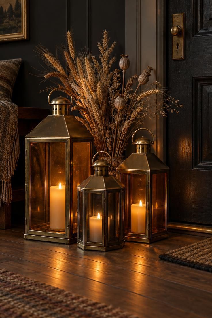 10 Warm Boho Halloween Porch Ideas to Charm Your Guests 10 Brass lanterns with amber glass clustered on a porch floor with dried wheat and seed pods behind them.