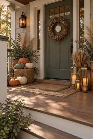 A boho Halloween porch with terracotta pumpkins, brass lanterns, dried wheat, and a paper moon wreath on the front door.