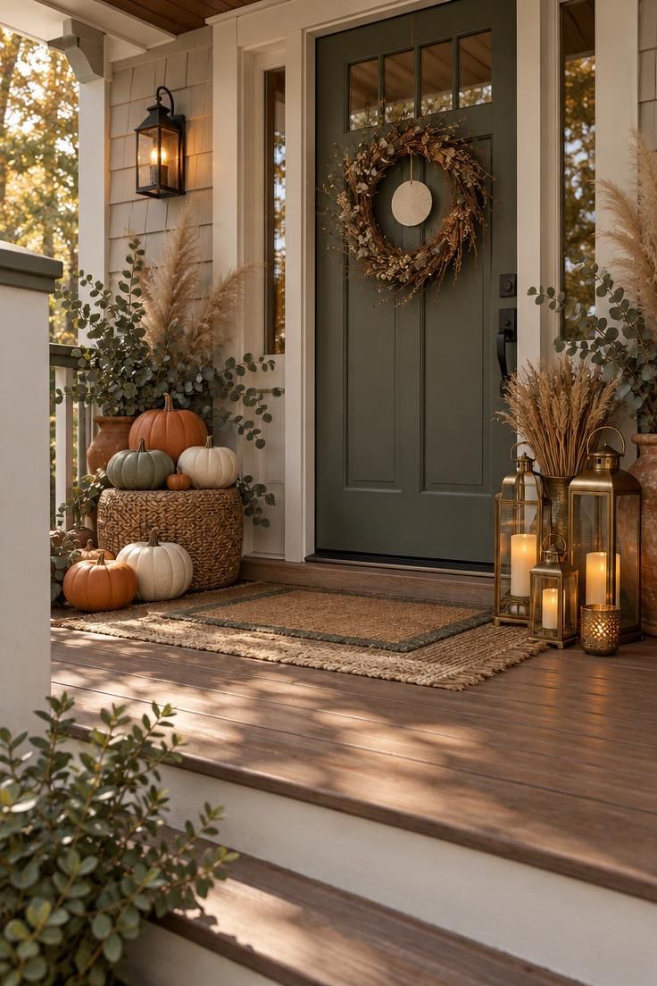 Simple Spaces 27 A boho Halloween porch with terracotta pumpkins, brass lanterns, dried wheat, and a paper moon wreath on the front door.