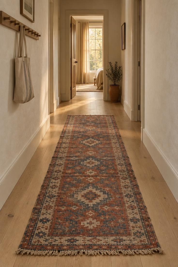 Long corridor with a faded rust, indigo, and cream flatweave runner running down the center between visible strips of pale wood flooring, warm light from a far doorway.