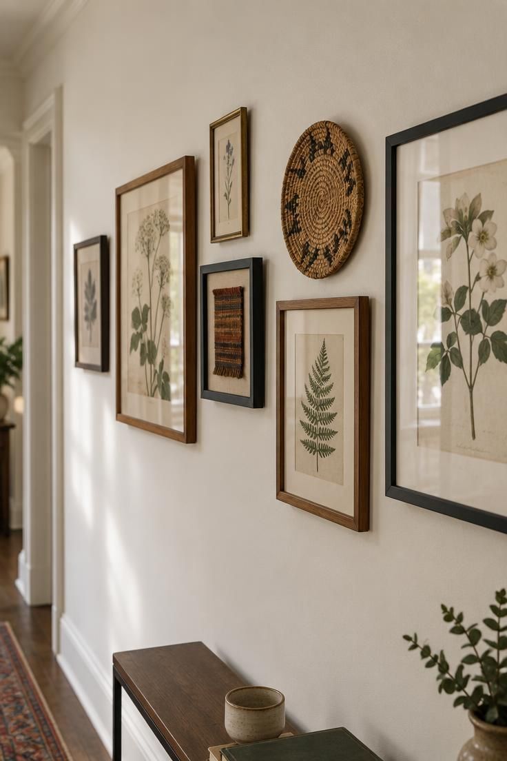 Corridor wall with a loose horizontal band of mismatched wood, brass, and black frames plus a circular woven piece, lit by soft diffused daylight.