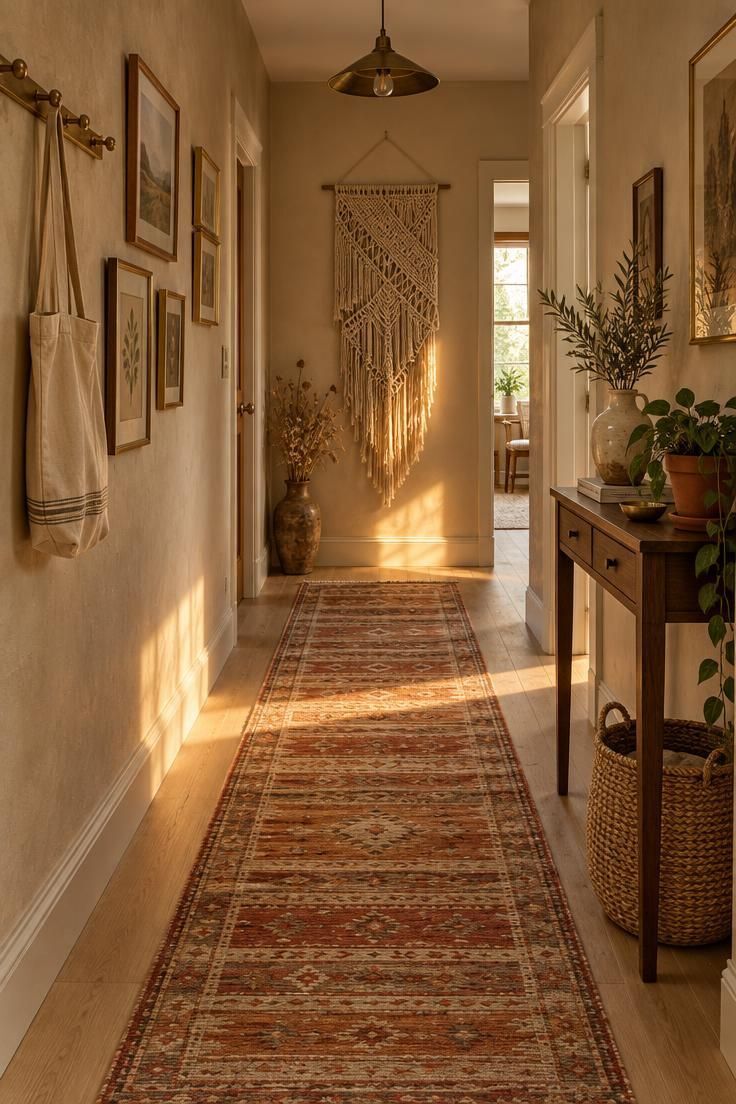 Simple Spaces 14 Warm narrow corridor with a faded clay, rust, and cream flatweave runner, a large macramé hanging on the far wall, a console with a low-light plant, a woven basket, and warm light from a doorway at the end.