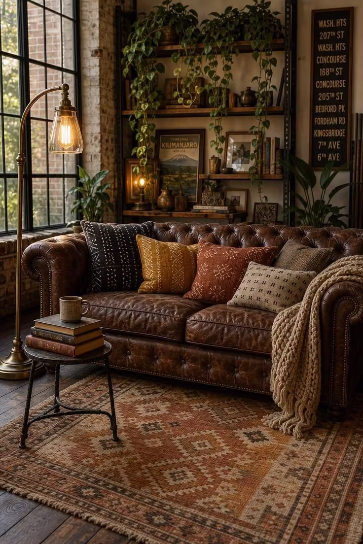 A worn brown leather Chesterfield sofa sits on a faded kilim rug in a boho industrial living room bathed in warm golden light from steel-framed windows.