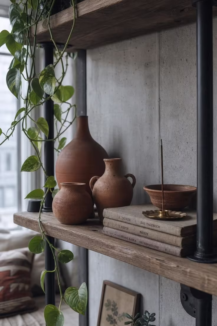A close-up of a black steel pipe shelf displaying terracotta pottery and trailing pothos vines against a pale concrete wall in cool morning light.