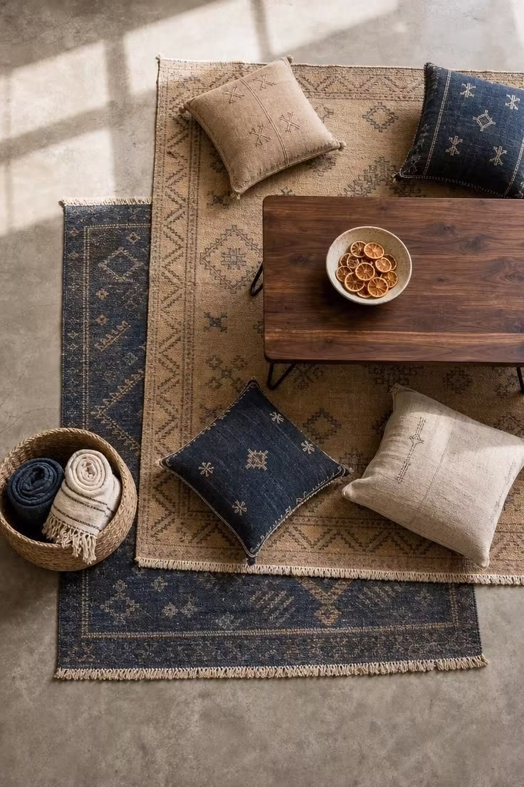 An overhead view of layered Moroccan flatweave rugs on a polished concrete floor with a walnut coffee table, floor cushions, and a seagrass basket in bright midday light.