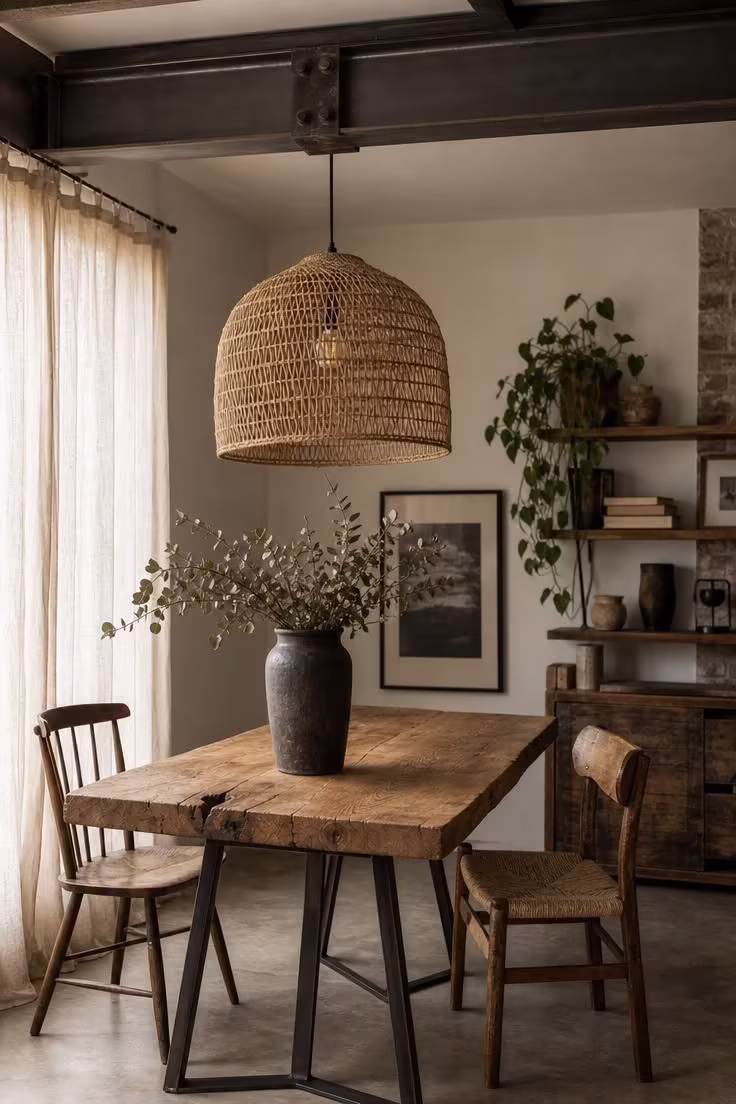 A large rattan pendant light hangs from an exposed metal beam above a reclaimed oak table with dried eucalyptus in a stoneware vase, bathed in soft diffused light.