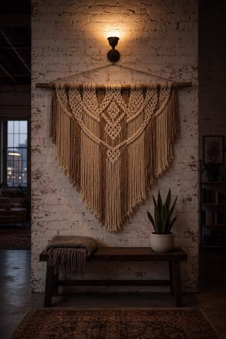 A large macramé wall hanging in natural cotton and jute fibers hangs on a limewashed brick wall with a warm iron sconce above it in moody low light.