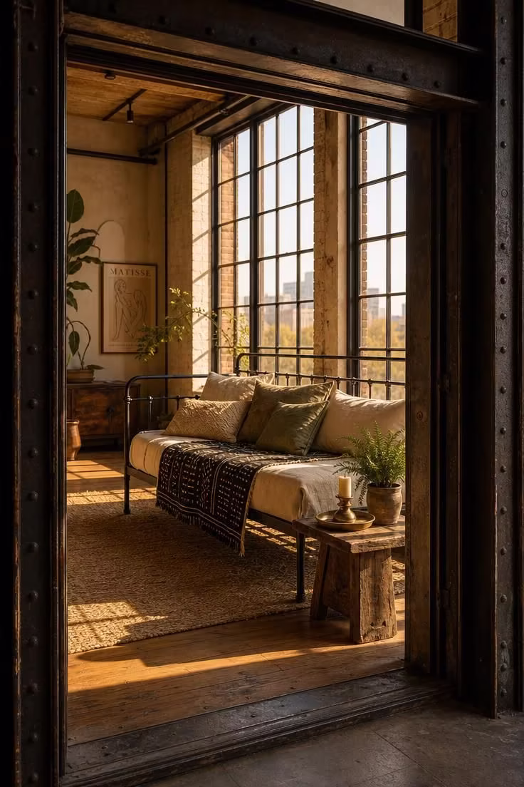 An iron-frame daybed with mudcloth and linen throws near tall steel windows in warm golden afternoon light, viewed through a doorway framed by exposed beams.