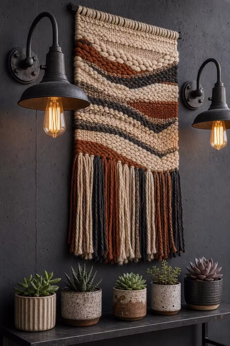 Two iron Edison bulb sconces flank a large woven fiber art panel in cream, rust, and charcoal on a dark concrete wall, with small succulents on an iron console below.