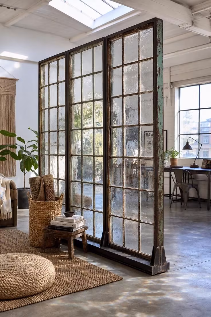 Three salvaged factory windows with steel frames and wavy glass stand as a room divider, with a boho reading nook on one side in bright midday light.