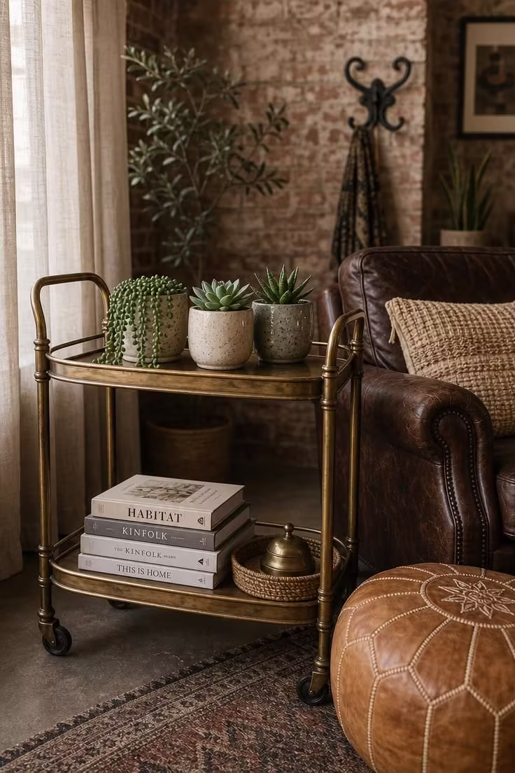 A vintage brass bar cart with ceramic planters and stacked art books stands beside a leather armchair with a Moroccan leather pouf, in soft diffused light.