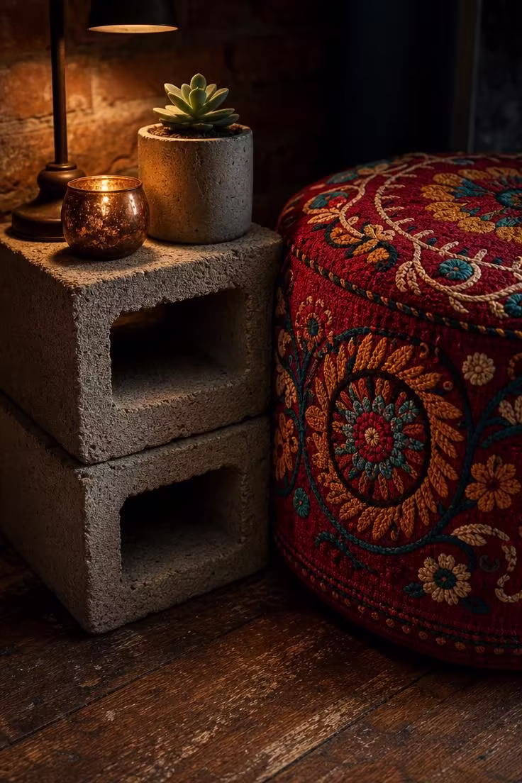 Stacked concrete blocks as a side table beside a brightly embroidered suzani-covered pouf, with a copper candleholder and small succulent in moody low light.