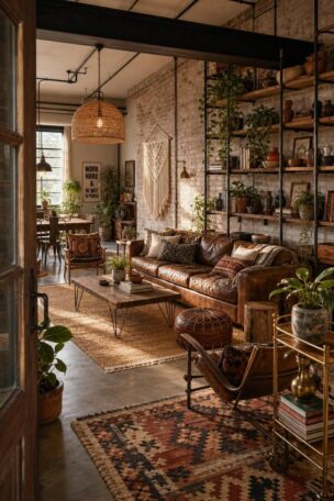 A complete boho industrial living room with a leather sofa, layered rugs, pipe shelving, rattan pendant light, and macramé wall hanging in warm golden afternoon light.