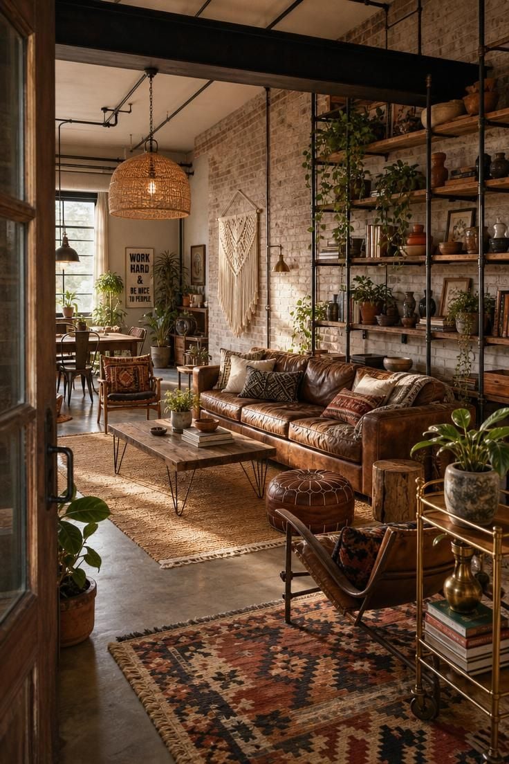 Simple Spaces 17 A complete boho industrial living room with a leather sofa, layered rugs, pipe shelving, rattan pendant light, and macramé wall hanging in warm golden afternoon light.