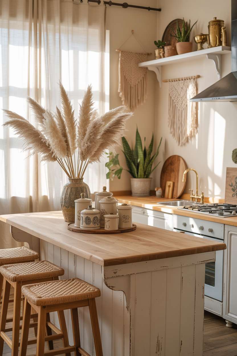 Boho kitchen with distressed wooden island, pampas grass, and macramé wall hangings in soft cream-colored space