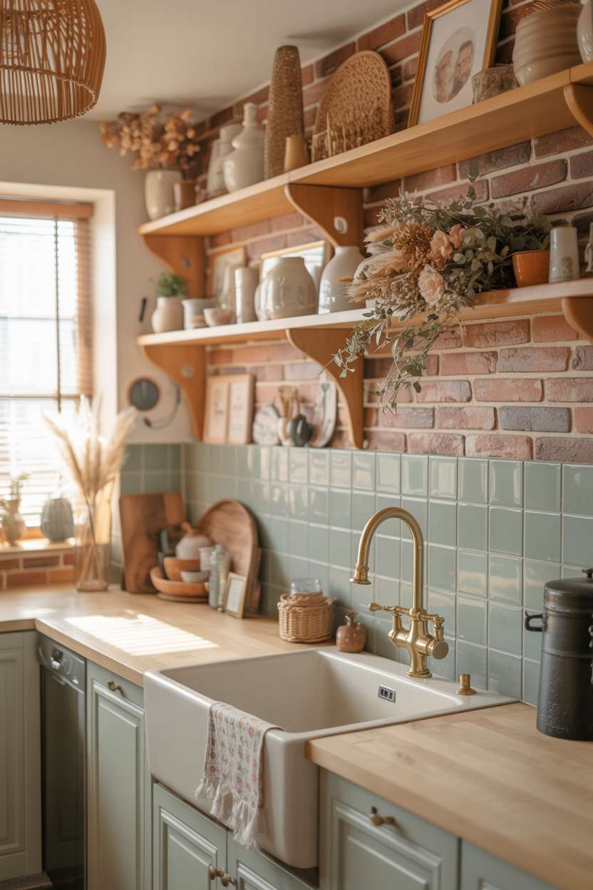 Boho kitchen featuring large farmhouse sink with gold faucet, open wooden shelves, and light teal tile backsplash