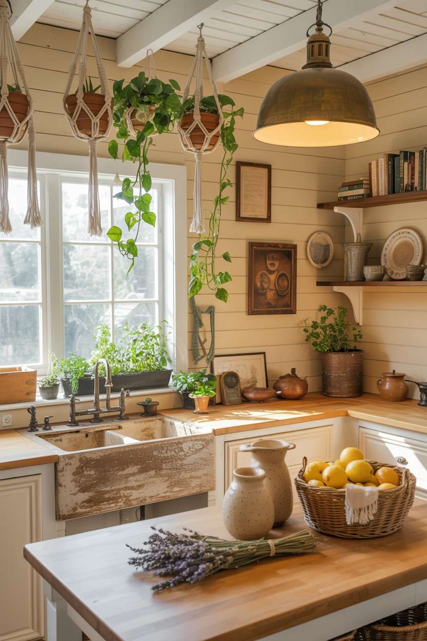 Sun-filled boho kitchen with cream shiplap walls, macramé plant hangers with pothos, and butcher block island