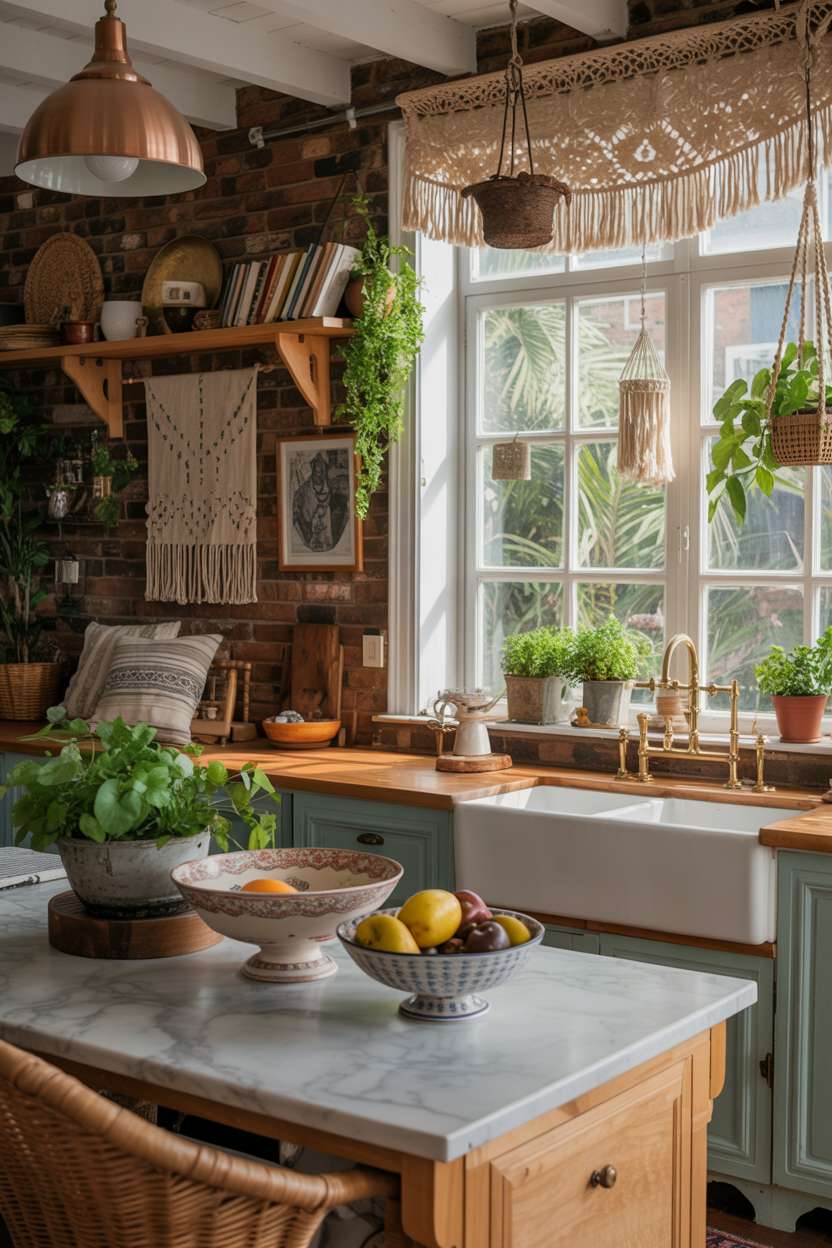 Bohemian kitchen with exposed brick walls, hanging macrame planters, and marble-topped wooden island