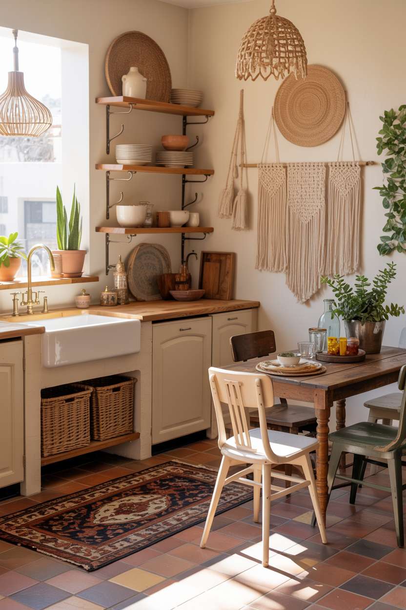 Boho kitchen with farmhouse sink, Persian rug on terra-cotta tiles, and vintage wooden breakfast table
