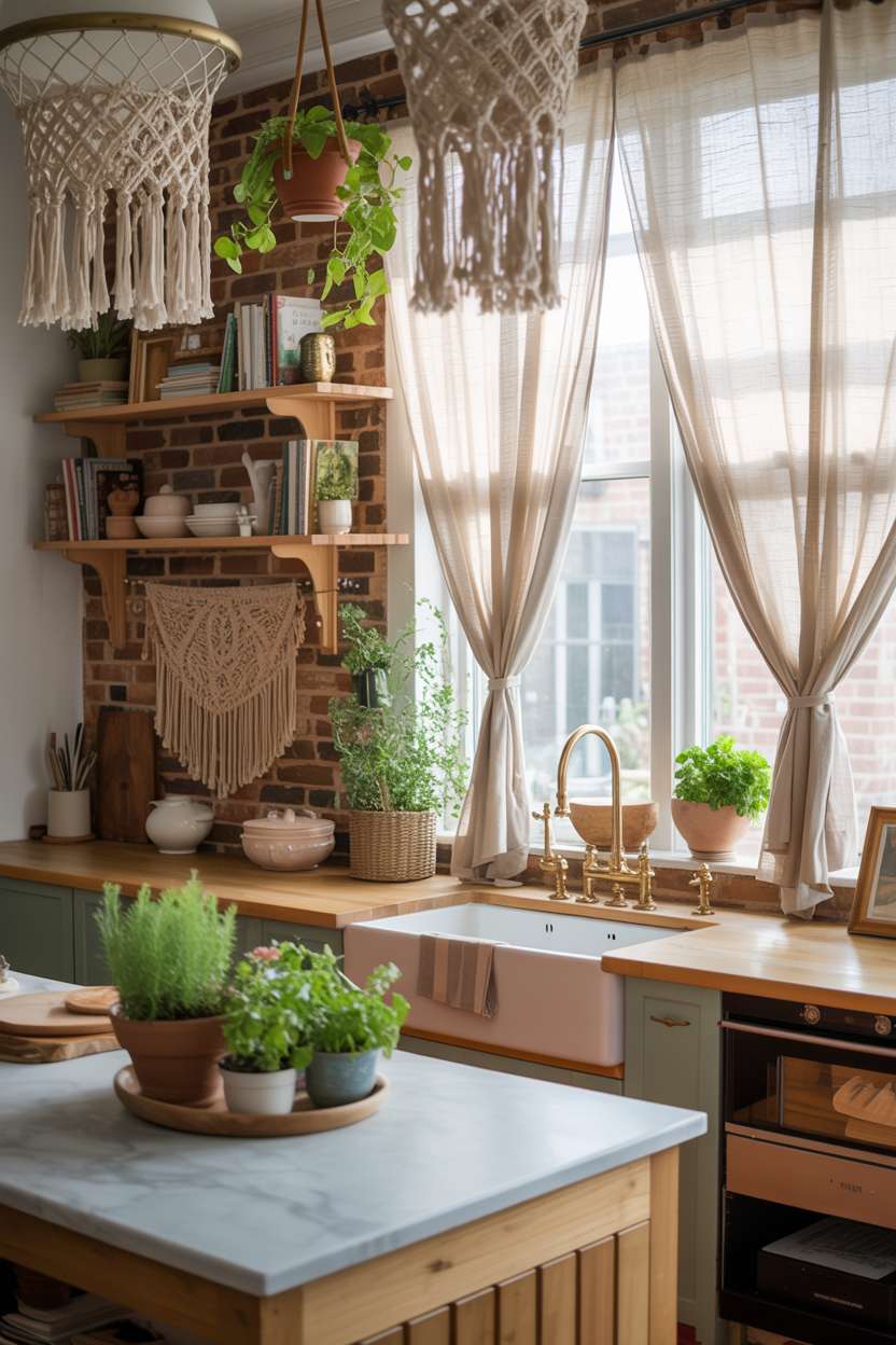 Bright boho kitchen with exposed brick walls, macramé plant hangers, and marble-topped wooden island