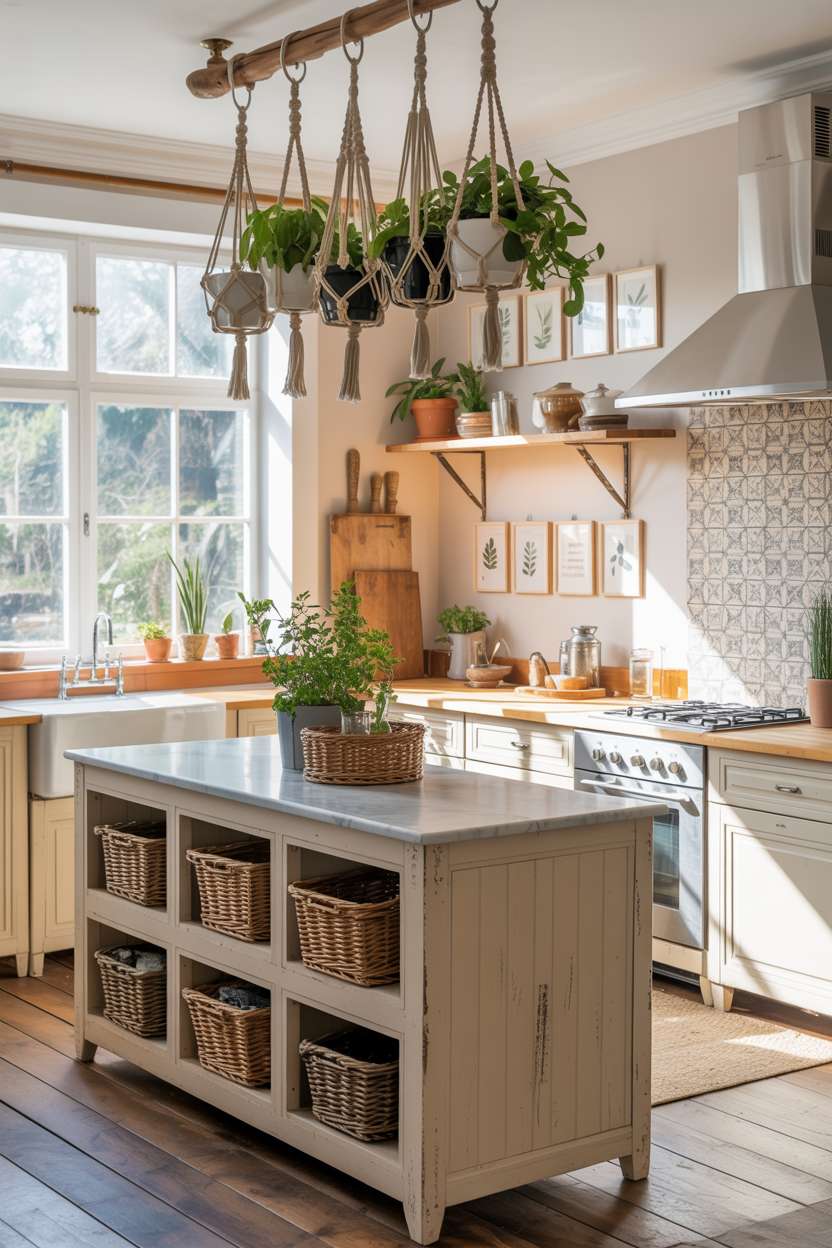 Boho chic kitchen with distressed wooden island, marble countertop, and gallery wall of botanical prints