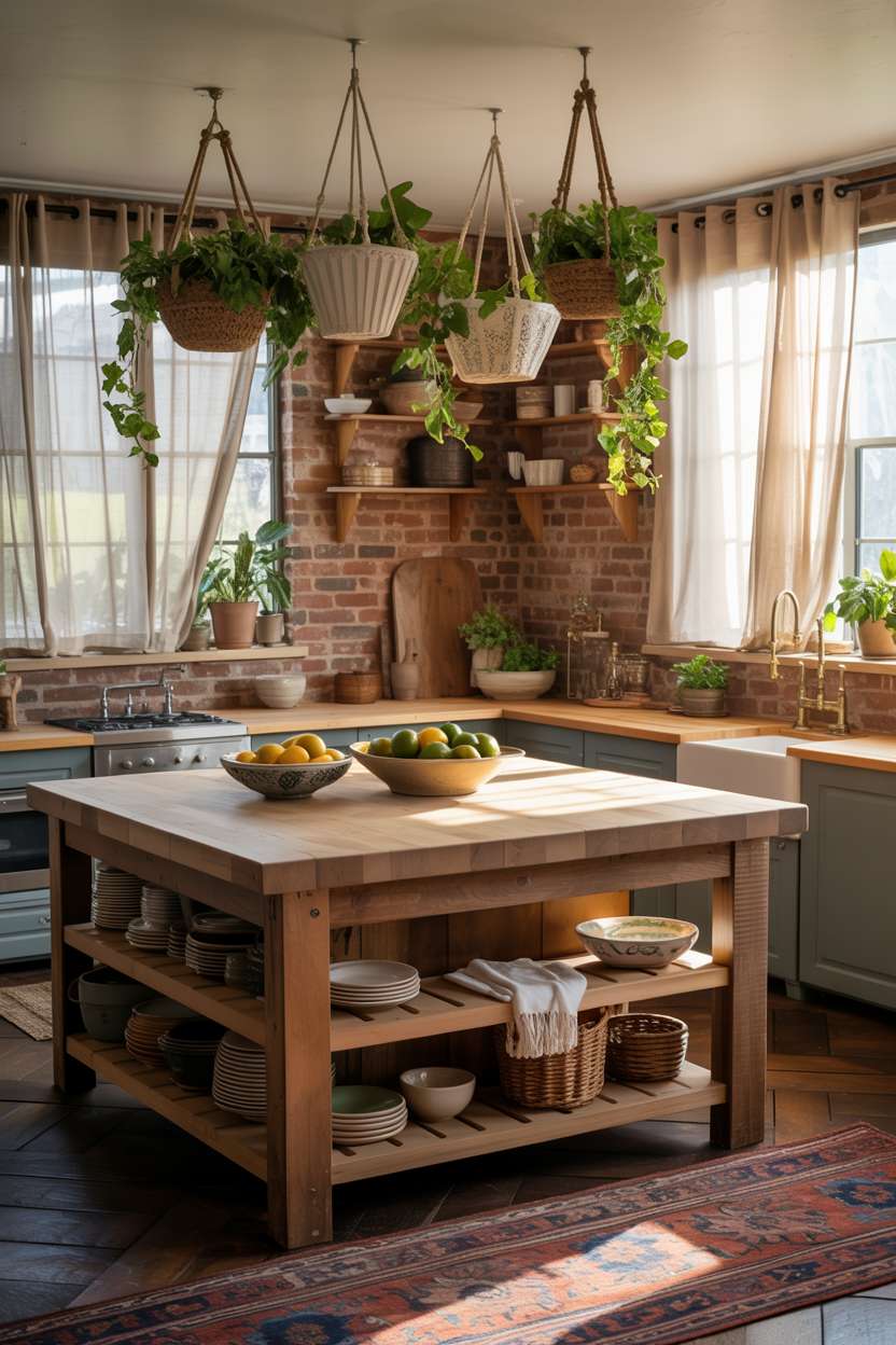 Boho chic kitchen with reclaimed wood island, ceramic bowls of citrus, and trailing ivy in macramé planters