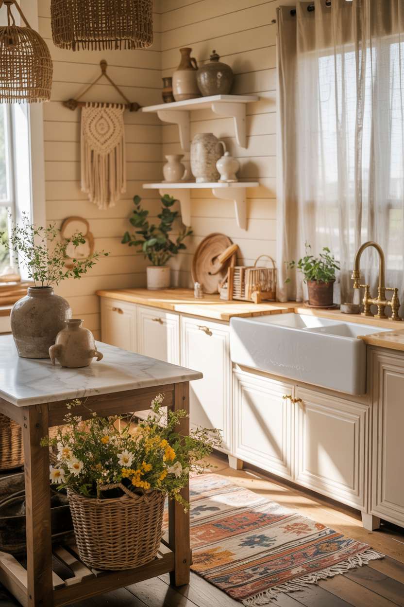 Boho chic kitchen with cream shiplap walls, farmhouse sink, and marble island with wildflowers