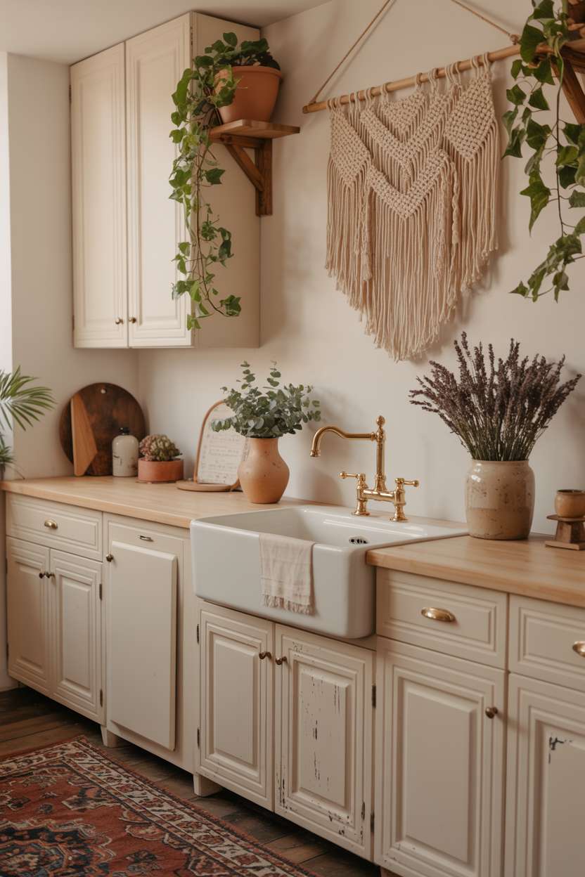 Boho chic kitchen with distressed white cabinetry, brass hardware, and ceramic vases with dried lavender