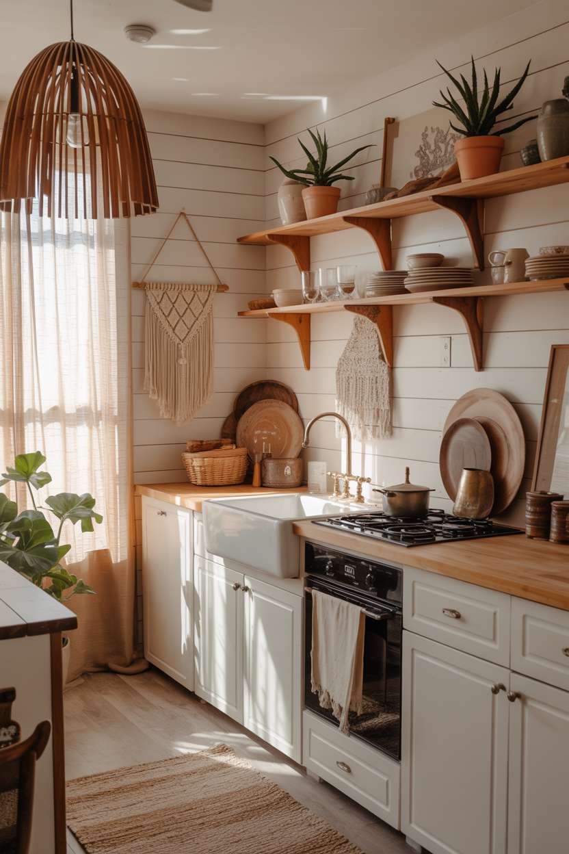 Small boho kitchen with white shiplap walls, reclaimed wood countertop, and copper pendant light
