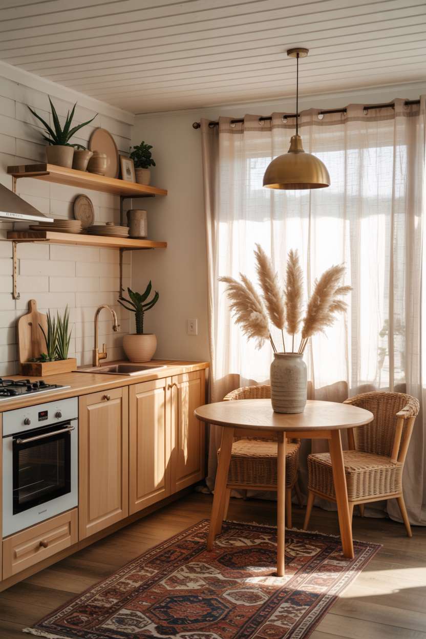 Small boho kitchen with wicker chairs, dried pampas grass, and brass pendant light over round table
