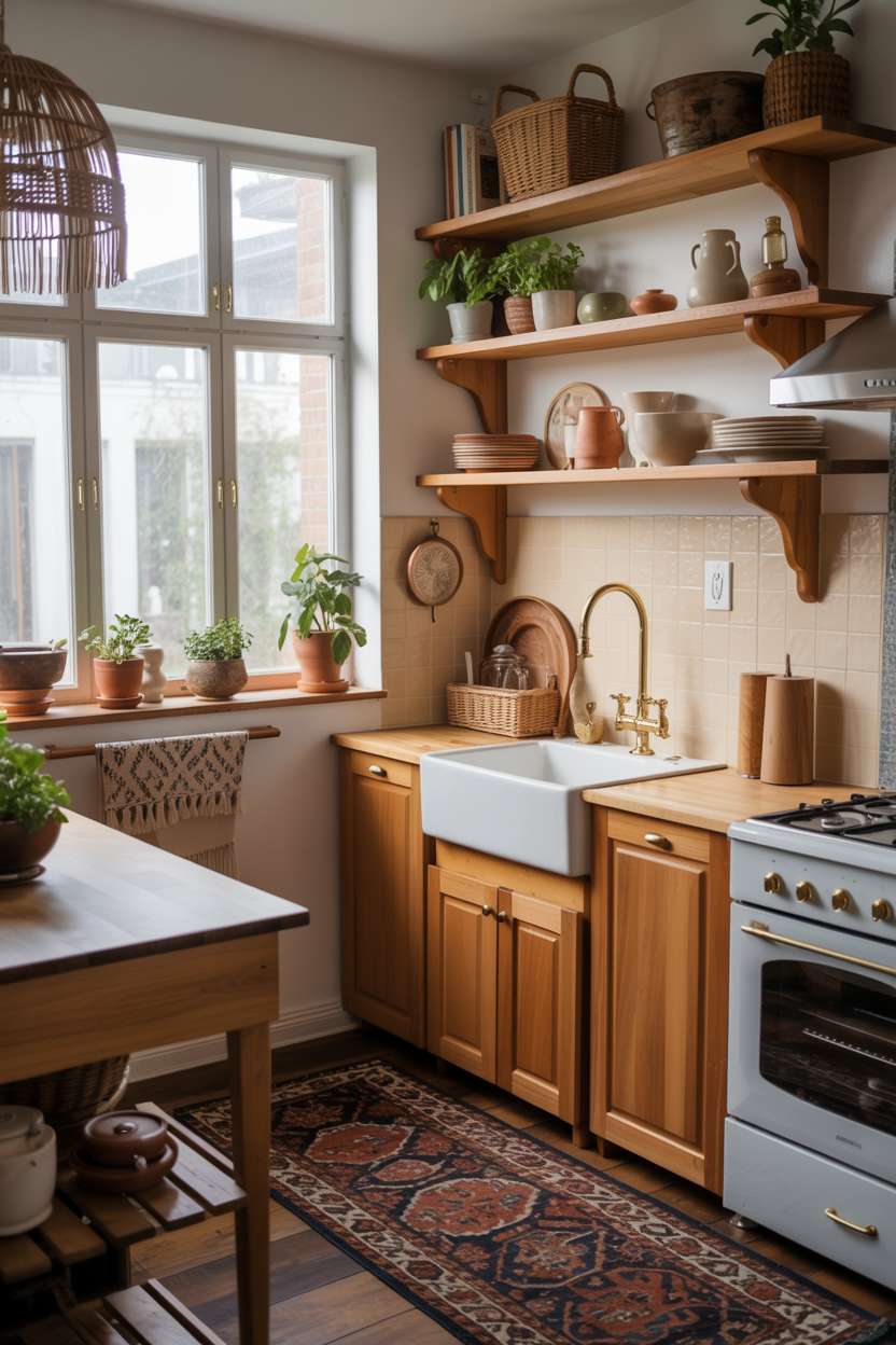 Small boho kitchen with farmhouse sink, butcher block island with marble top, and Persian rug