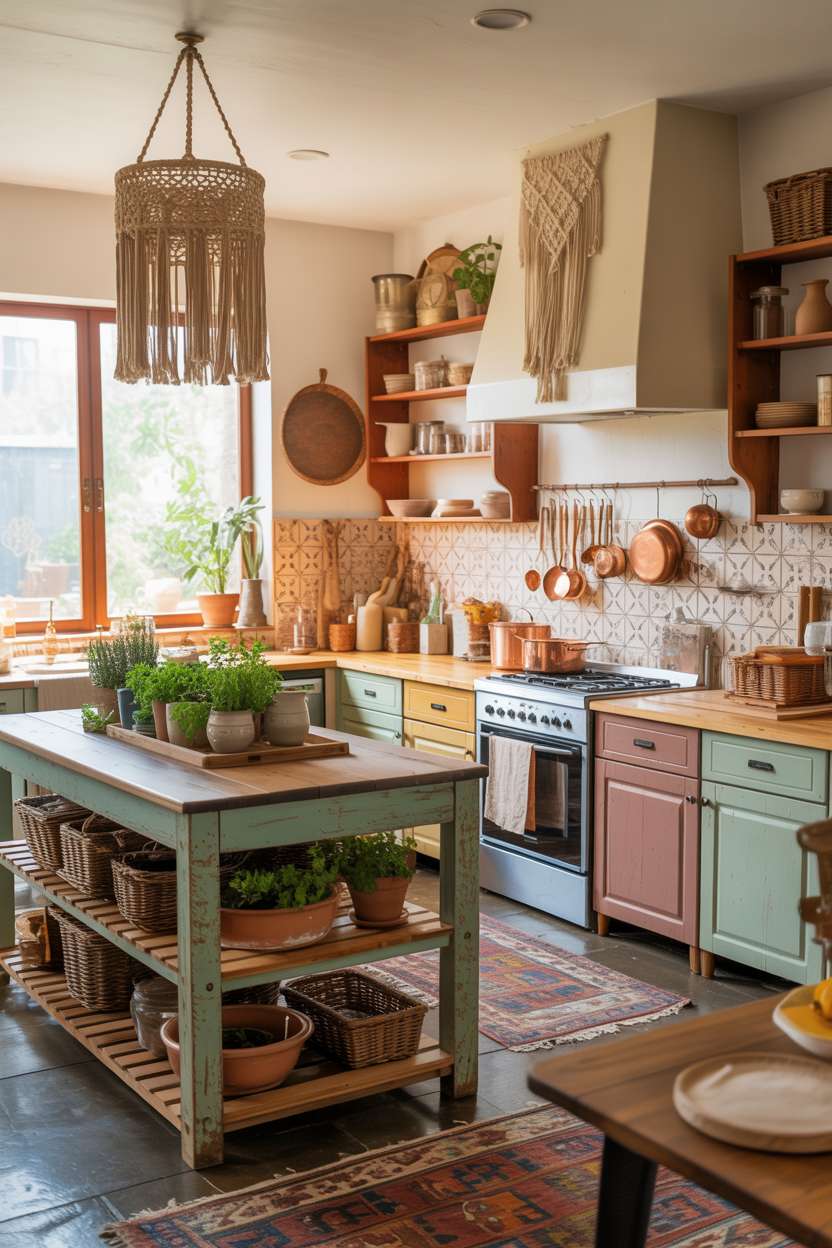 Vibrant boho kitchen with reclaimed wood cabinetry, patterned terracotta tile backsplash, and colorful ceramic bowls